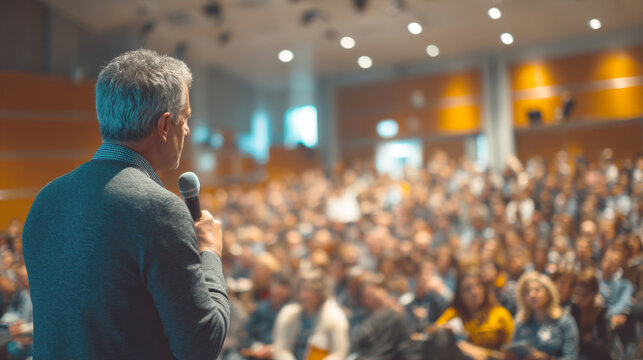 A dynamic speaker holds a microphone, addressing a large and attentive audience in a well-lit auditorium. Themes of energy of a live event, public speaking, education, professional development.