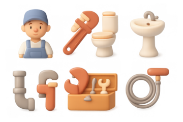 3d plumber tools and fixtures set with cute character in cartoon style