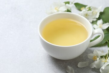 Cup of tea with jasmine flowers on white background, space for text