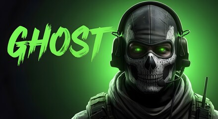 Skull Masked Soldier Wearing Headset with Glowing Green Eyes on Dark Background
