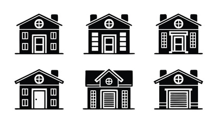Fototapeta premium Six black and white house illustrations with varying door and window styles in a vector format