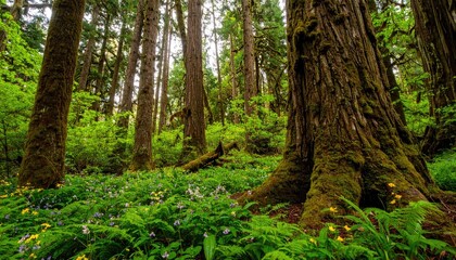 Towering trees with mossy bases stand in a lush forest carpeted with ferns and wildflowers.
