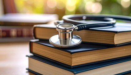 Stethoscope rests on a stack of books, suggesting medical study or learning