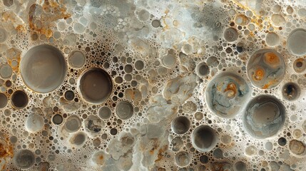 Bubbling abstract myriad of circles, gray, gold, tans in textured pattern