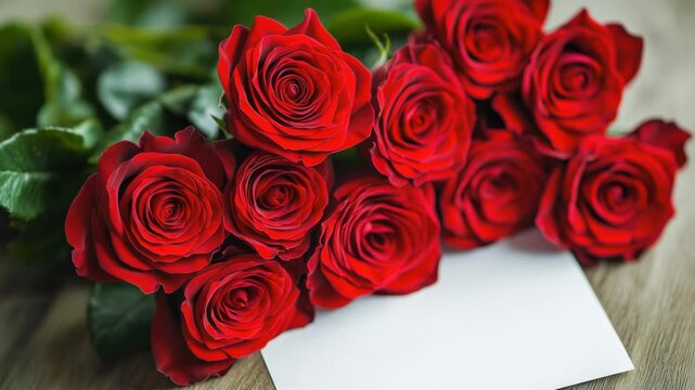 A bouquet of bright red roses accompanied by a simple white card