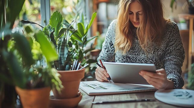 Female designer in creative industry hybrid workspace using digital tablet with sketchbook, mix of home and office elements, art supplies, and natural light.