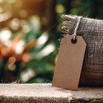 Blank brown tag on burlap