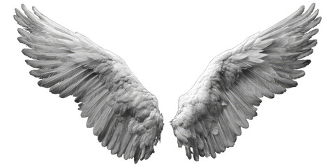 Pair of large, detailed, white angel wings against a black background