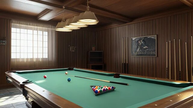 Billiard balls scattered on pool table in luxurious game room
