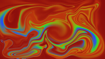 Red background with swirling orange green and blue liquid patterns
