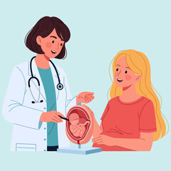 Doctor Explaining Fetal Development to Pregnant Woman with Model.