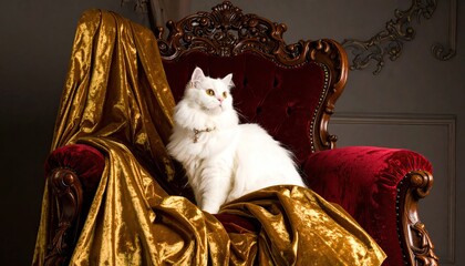 A white, long-haired cat sits on a red and gold velvet-covered ornate wooden chair, looking slightly to the right.
