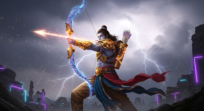 Warrior with glowing bow and arrow in stormy landscape