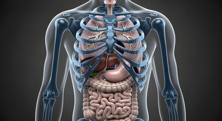 Human Body Anatomy Skeleton and Organs on Dark Background