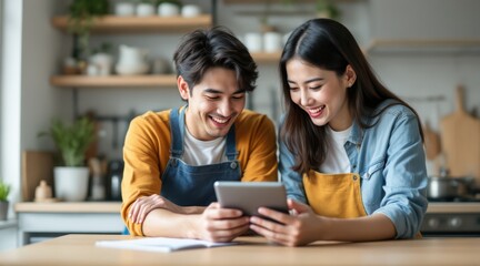 Obraz premium personal finance insurance control concept Cheerful couple enjoying time together while using a tablet.