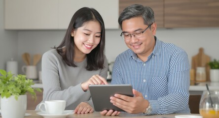 personal finance insurance control  concept Smiling duo enjoying digital content at home together.