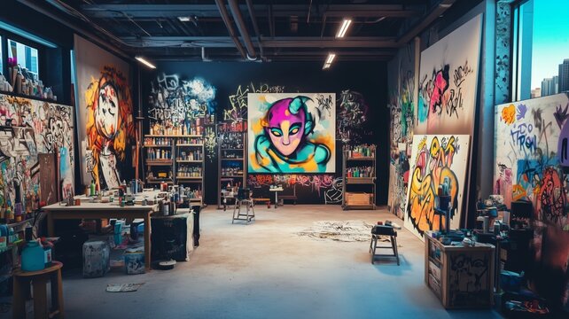 Live tech graffiti canvas blends AI creativity with human artistry in vibrant urban studio