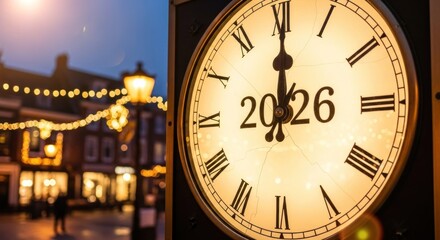 Clock showing nearly midnight, with 2026 displayed on face, festive setting