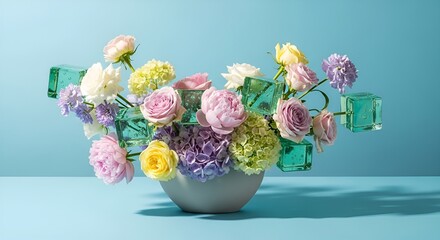 "A Symphony of Pastel Blooms and Floating Aquamarine Cubes in a Modern Arrangement"
