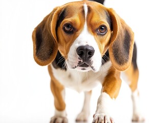 Close-up of a tri-color Beagle dog with floppy ears against a white backdrop