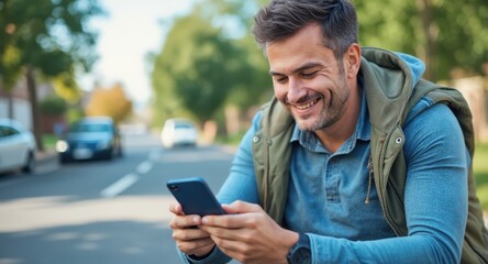Fototapeta premium personal finance insurance control concept Smiling man using smartphone outdoors on a sunny day.