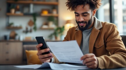 personal finance insurance control  concept Man reviewing documents while using a smartphone at a desk.