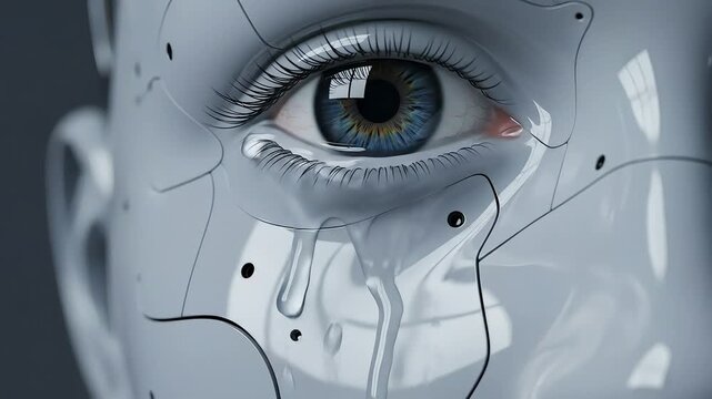 crying artificial intelligence robot sad face closeup