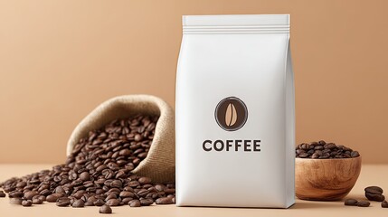 Modern coffee bean packaging mockup design in white pouch clean environment focused on coffee aesthetics