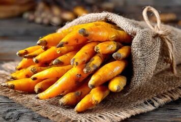 Pile of fresh turmeric roots in burlap sack