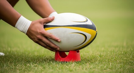Close up of a rugby player placing the ball on a red tee for a kick
