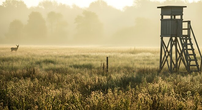 Deer stands in a misty field at sunrise with a deer in the distance