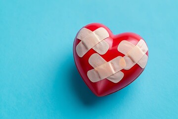 Red heart with bandages on blue background, heart health and healing concept image stock
