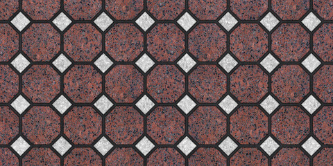 Red granite, octagonal and square tile pattern, floor texture for architecture, interior and exterior design
