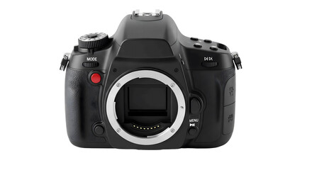 Professional black DSLR camera front view highlighting lens mount and mode dial, perfect for photography enthusiasts and content creators