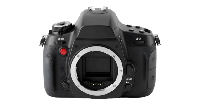 Professional black DSLR camera front view highlighting lens mount and mode dial, perfect for photography enthusiasts and content creators