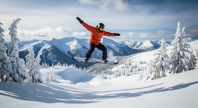 Snowboarder in mid air performing a jump against a backdrop of snowy mountains and trees