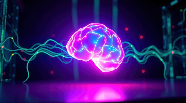 A glowing pink and blue brain floats in a darkened room connected by green wires to equipment on either side