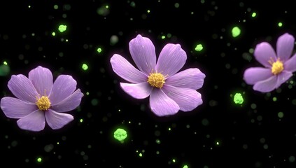 Three light purple cosmos flowers float against a black background dotted with luminous green particles