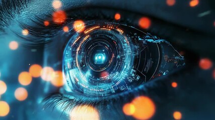 Futuristic human eye showing rotating digital display of information - Powered by Adobe