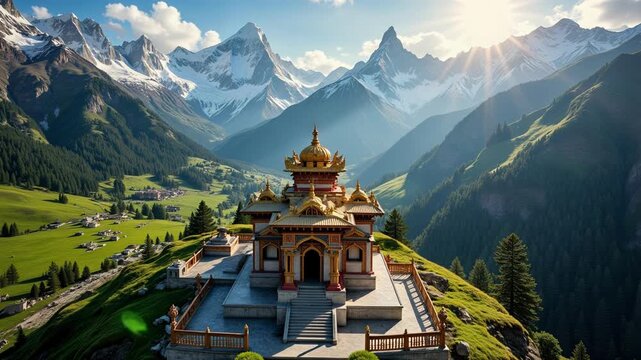 Stunning aerial 4K video of Badrinath Temple in Garhwal Himalayas, bathed in morning sun, surrounded by lush valleys and snow-capped peaks.