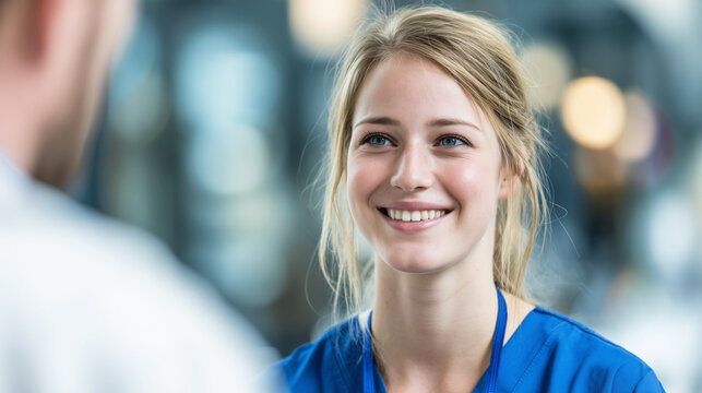 Junge Krankenschwester in Ausbildung spricht mit Arzt