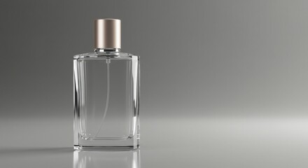 A clear glass perfume bottle with a metallic cap stands on a reflective surface against a simple gray background.