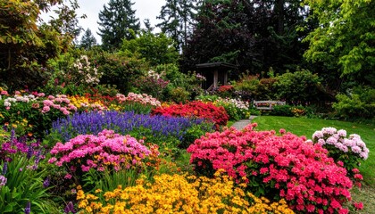 Obraz premium A vibrant garden displays a colorful array of blooming flowers, shrubs, and green grass, with a wooden gazebo in the background.