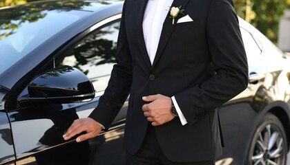 Elegant Groom or Businessman in Tuxedo by Luxury Black Car with Wedding Day.