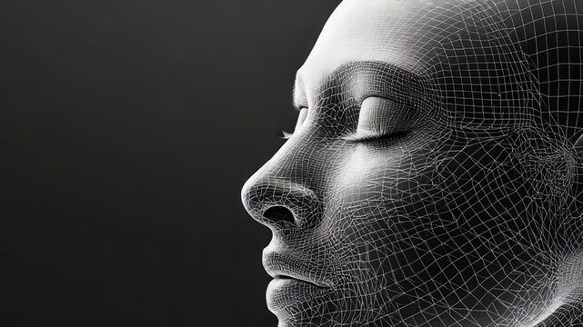 Wireframe face emerging from darkness, artificial intelligence and futuristic beauty