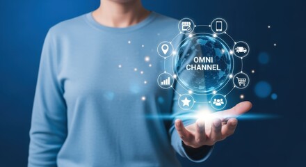 Omni Channel Marketing Strategy: Person Holding Holographic Sphere with Digital Icons on Blue Background