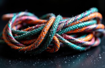 Colorful braided ropes intertwined on dark surface with scattered particles creating textured detail