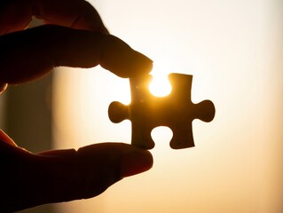 Puzzle piece in hand silhouette against sunlight concept of solution and success idea