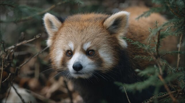 Captivating close-up of a curious red panda peering through the foliage - Powered by Adobe