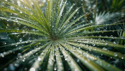 Obraz premium Water Drops on Palm Leaf, Nature Macro - Macro Photography